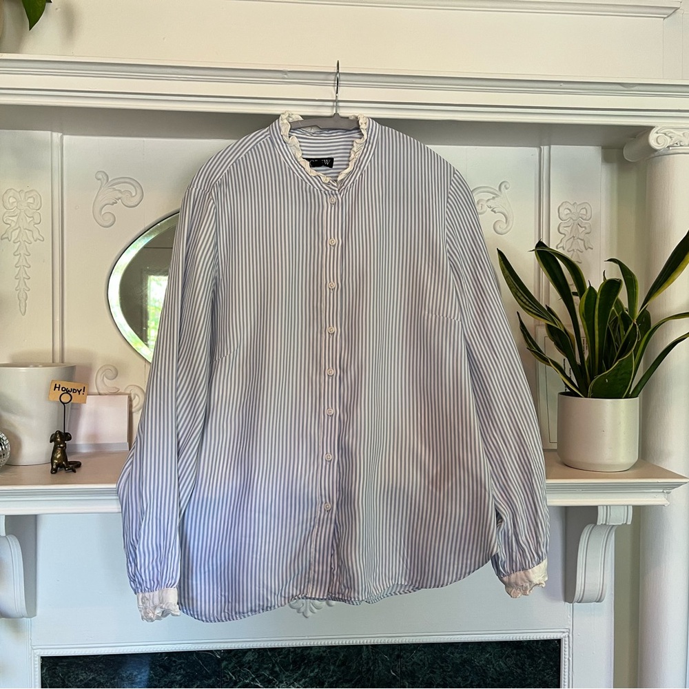 J. Crew Drapey Ruffle Trim Cupro Blend Striped Buttondown - XL
